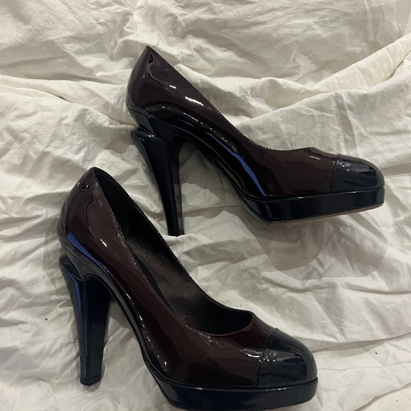 Chanel Burgundy Patent Leather With Navy Cap Toe Cut Out Heels - Picture 5 of 13